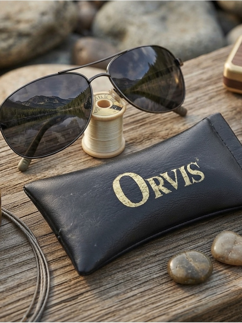 Orvis Aviator Sunglasses Gunmetal Frame Dark Lenses with Original Case